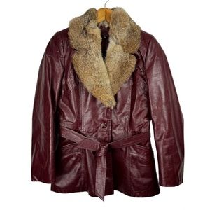 Vintage Leather Rabbitt Fur Trim Trench Tie Jacket Sz 5/6 Maroon Y2K Mob Wife